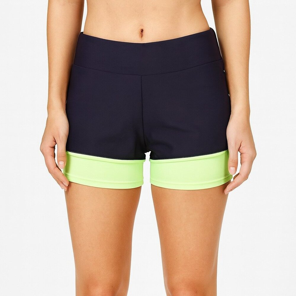 Avia Women’s Athletic Shorts Black Neon Yellow Trim Size L Workout Activewear